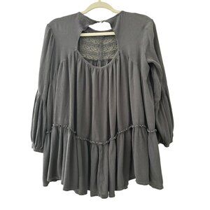 Attic Salt Womens Boho Crochet Pleated Tunic Blouse Size M Gray Rayon Flowy